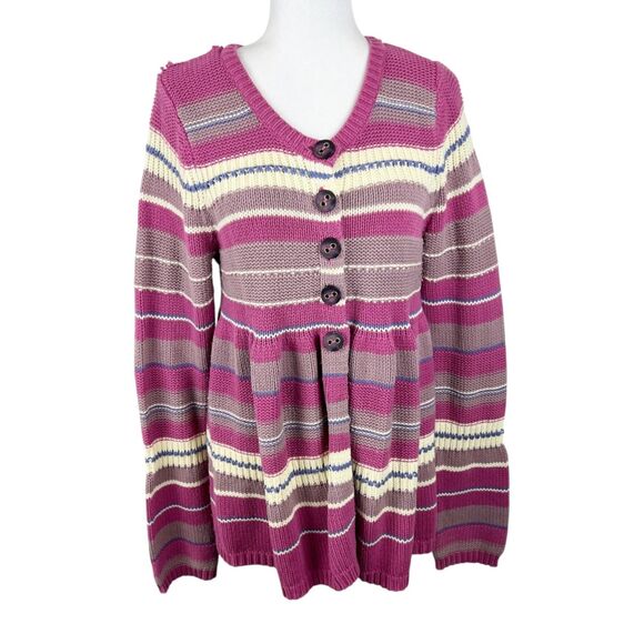 Free People Sweater Women Large Pink Striped Beige Button Up Cardigan Boho - Picture 1 of 14